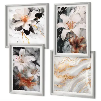 Set of 4 wall art pieces featuring black and white marble flowers