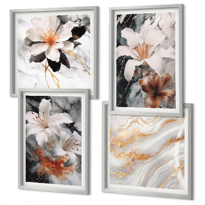 Set of 4 wall art pieces Flowers marble white black