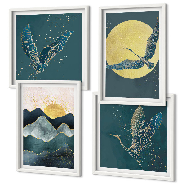 Set of 4 wall art pieces Birds cranes moon mountains