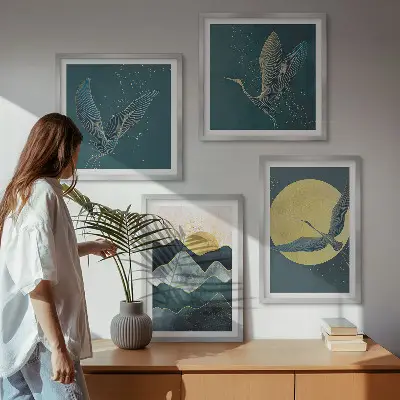 Wall art set of 4 featuring birds, cranes, a moon, and mountains