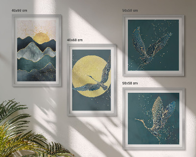 Set of 4 wall art pieces Birds cranes moon mountains