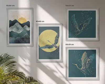 Wall art set of 4 featuring birds, cranes, a moon, and mountains