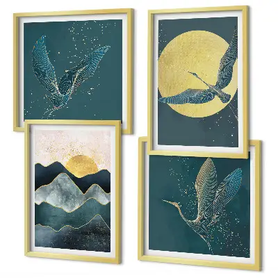 Wall art set of 4 featuring birds, cranes, a moon, and mountains