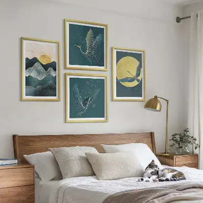 Wall art set of 4 featuring birds, cranes, a moon, and mountains