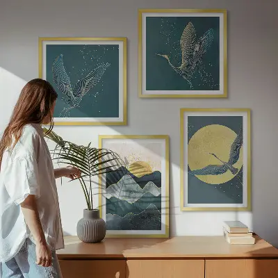 Wall art set of 4 featuring birds, cranes, a moon, and mountains