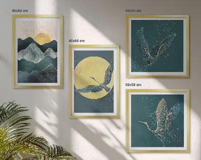Wall art set of 4 featuring birds, cranes, a moon, and mountains