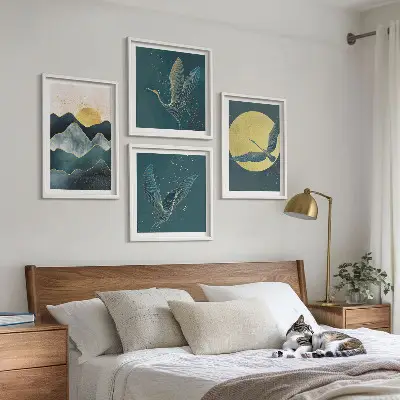 Wall art set of 4 featuring birds, cranes, a moon, and mountains