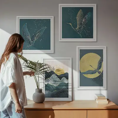 Wall art set of 4 featuring birds, cranes, a moon, and mountains