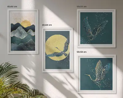 Wall art set of 4 featuring birds, cranes, a moon, and mountains