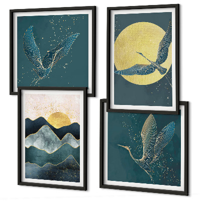 Set of 4 wall art pieces Birds cranes moon mountains
