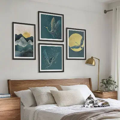 Wall art set of 4 featuring birds, cranes, a moon, and mountains