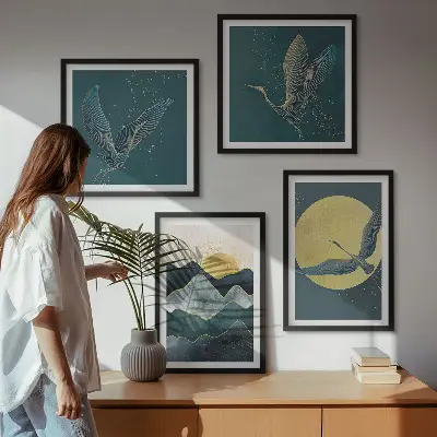 Wall art set of 4 featuring birds, cranes, a moon, and mountains