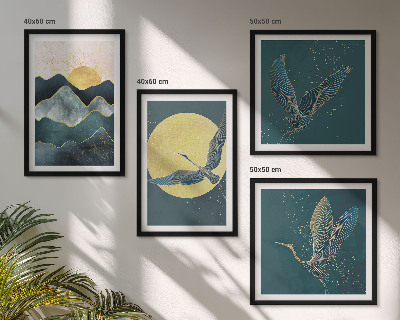 Set of 4 wall art pieces Birds cranes moon mountains