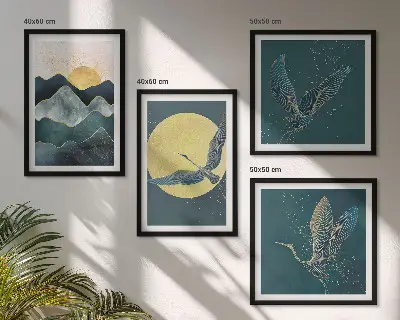 Wall art set of 4 featuring birds, cranes, a moon, and mountains