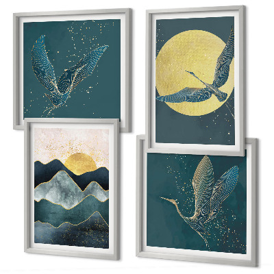 Set of 4 wall art pieces Birds cranes moon mountains