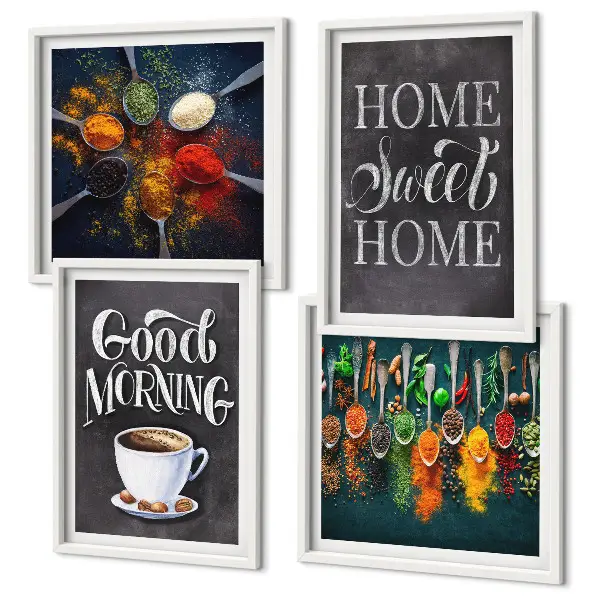 Wall art set featuring spices, coffee, a cup, and herbs