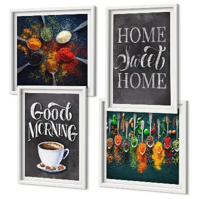 Wall art set featuring spices, coffee, a cup, and herbs