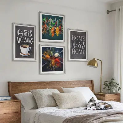 Wall art set featuring spices, coffee, a cup, and herbs