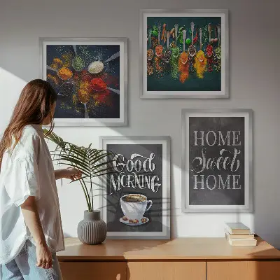 Wall art set featuring spices, coffee, a cup, and herbs