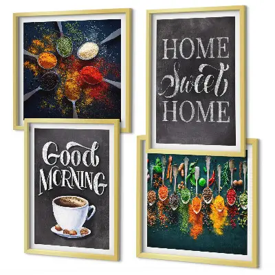 Wall art set featuring spices, coffee, a cup, and herbs