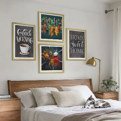 Wall art set featuring spices, coffee, a cup, and herbs