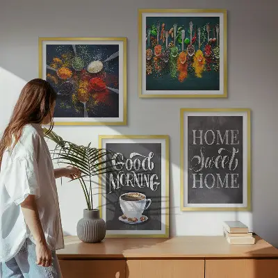 Wall art set featuring spices, coffee, a cup, and herbs