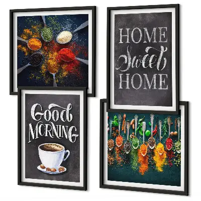 Wall art set featuring spices, coffee, a cup, and herbs
