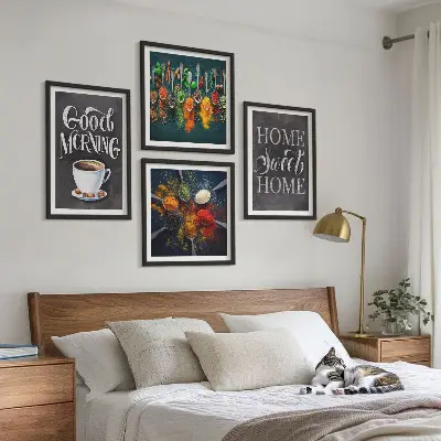 Wall art set featuring spices, coffee, a cup, and herbs