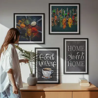 Wall art set featuring spices, coffee, a cup, and herbs