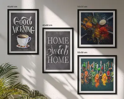 Wall art set featuring spices, coffee, a cup, and herbs