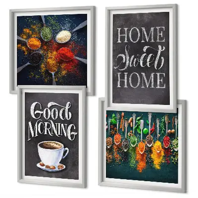 Wall art set featuring spices, coffee, a cup, and herbs