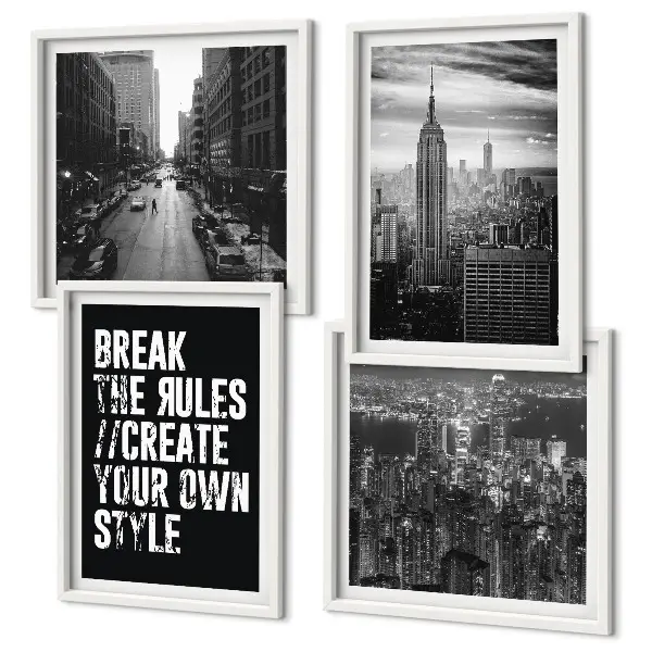 Set of 4 wall art pieces featuring black and white city street imagery