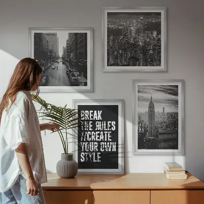 Set of 4 wall art pieces featuring black and white city street imagery