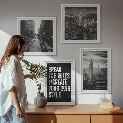 Set of 4 wall art pieces featuring black and white city street imagery