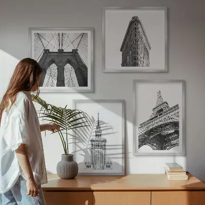 Multi-piece wall decor set architecture in black and white minimalism