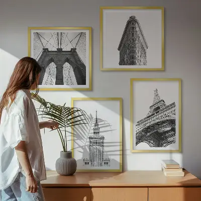 Multi-piece wall decor set architecture in black and white minimalism