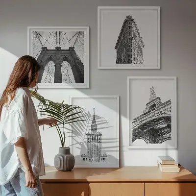 Multi-piece wall decor set architecture in black and white minimalism