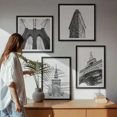 Multi-piece wall decor set architecture in black and white minimalism