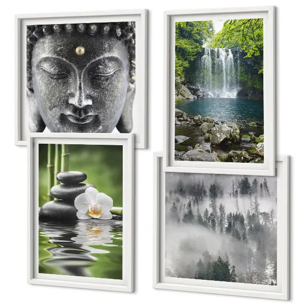 Wall art set featuring harmony of nature with stones, water, and Buddha