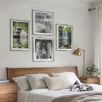 Wall art set featuring harmony of nature with stones, water, and Buddha