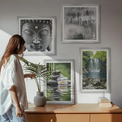Wall art set featuring harmony of nature with stones, water, and Buddha