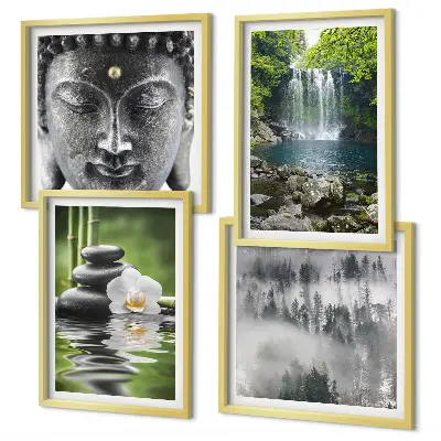 Wall art set featuring harmony of nature with stones, water, and Buddha