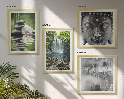 Wall art set featuring harmony of nature with stones, water, and Buddha
