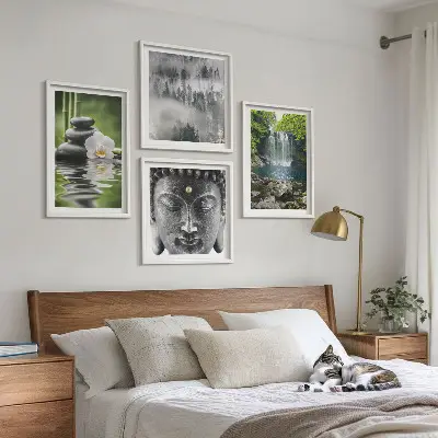 Wall art set featuring harmony of nature with stones, water, and Buddha