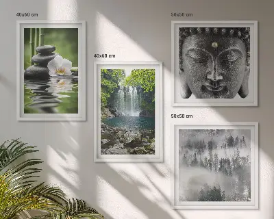 Wall art set featuring harmony of nature with stones, water, and Buddha