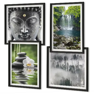 Wall art set featuring harmony of nature with stones, water, and Buddha