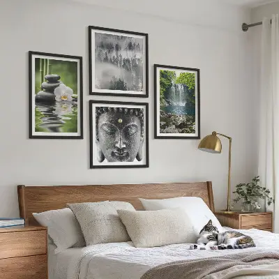 Wall art set featuring harmony of nature with stones, water, and Buddha