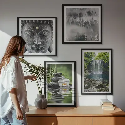 Wall art set featuring harmony of nature with stones, water, and Buddha