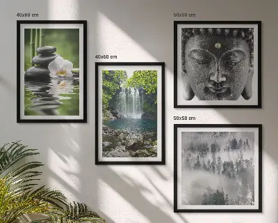 Wall art set featuring harmony of nature with stones, water, and Buddha