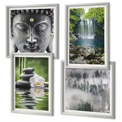 Wall art set featuring harmony of nature with stones, water, and Buddha